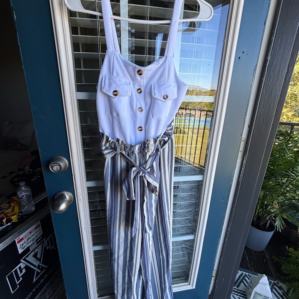 Charlotte Russe White and Gray Striped Jumpsuit